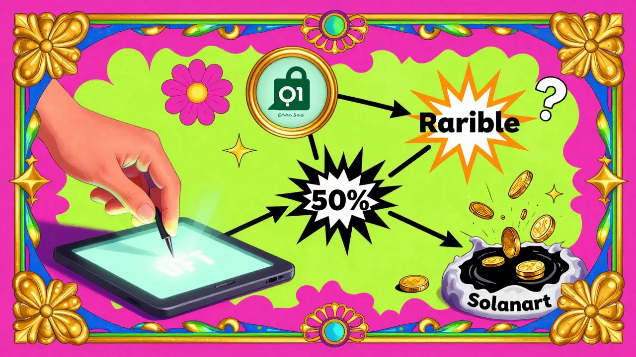 A creator's NFT journey branching across platforms with colorful arrows and floral psychedelic borders.