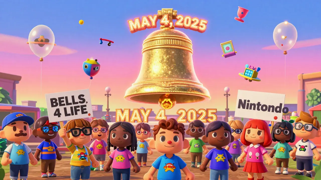 A crowd gathered before a glowing bell monument with NFTs floating upward under a neon sunset.