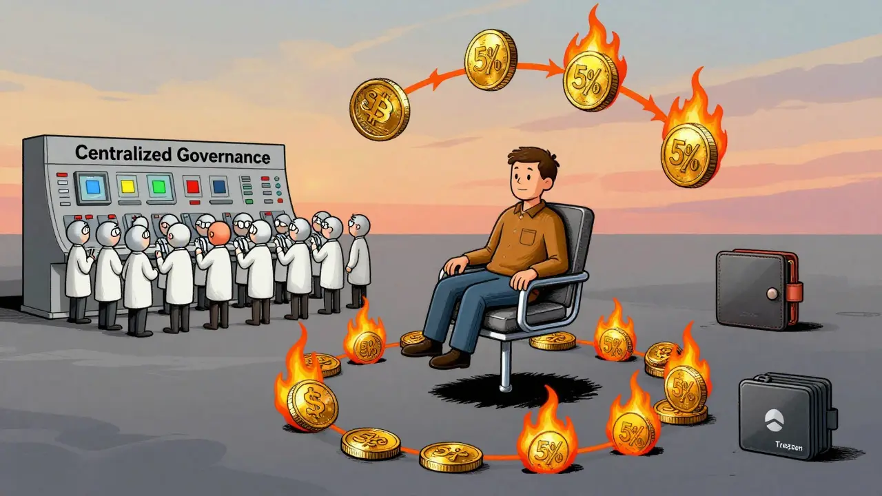 A crypto user surrounded by burning SCC coins and a centralized control panel under a fading sky.