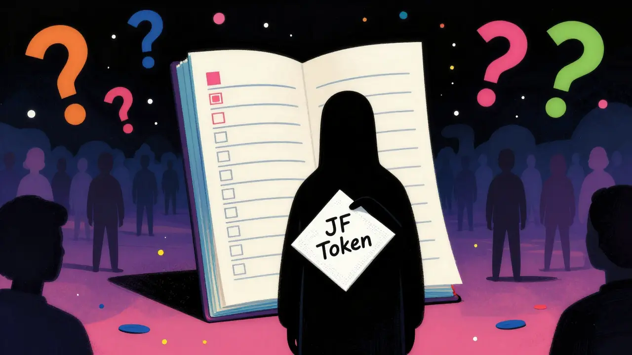 A faceless figure holding a napkin with 'JF Token' while surrounded by invisible users and empty blockchain ledgers.