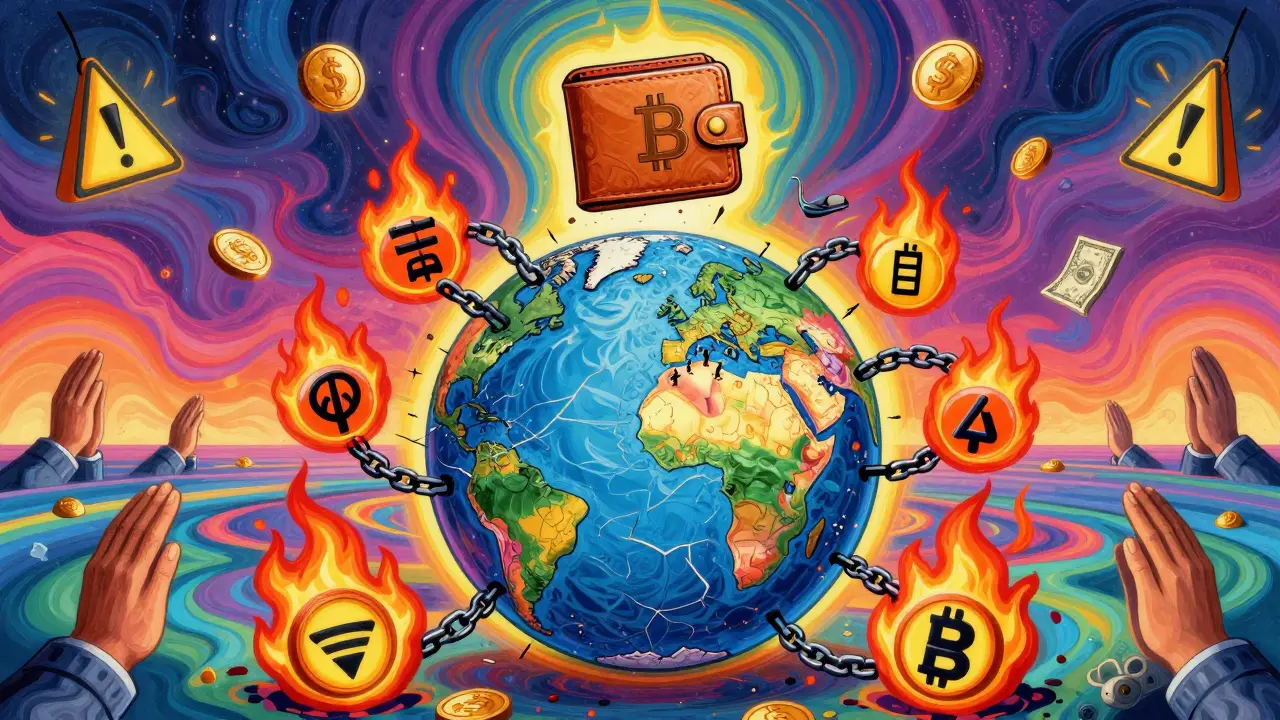A fractured globe with Egypt in crisis, a crypto wallet escaping toward stability amid swirling neon warnings.