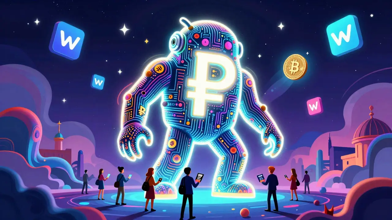 A giant digital ruble surveillance monster looms over citizens holding crypto wallets, as one Bitcoin escapes into the stars.