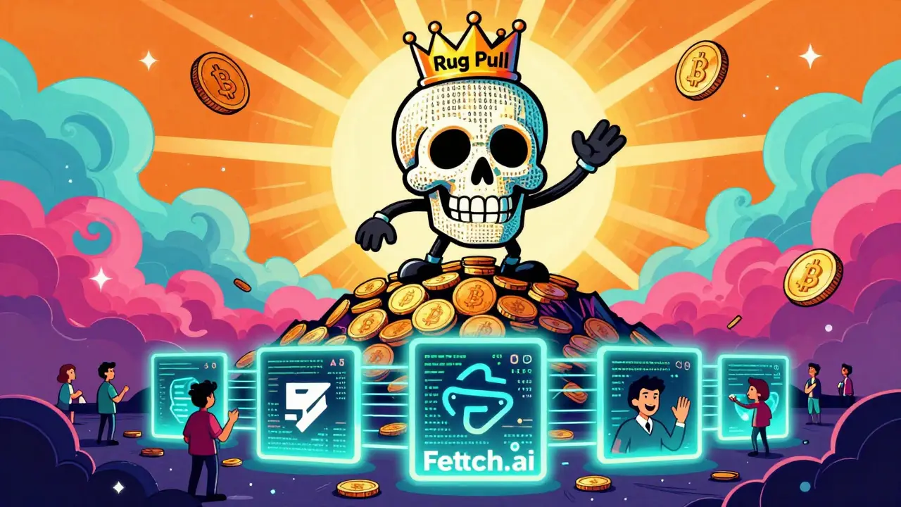 A glowing crypto skull crown stands on a pile of worthless tokens, while real projects shine nearby.