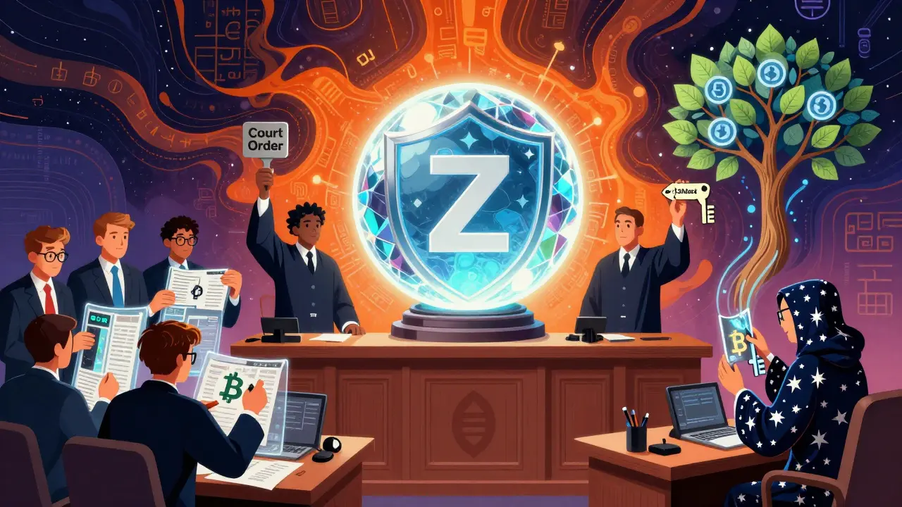 A glowing Zcash shielded transaction in court, with regulators and a coder building a new compliance key amid cosmic data patterns.