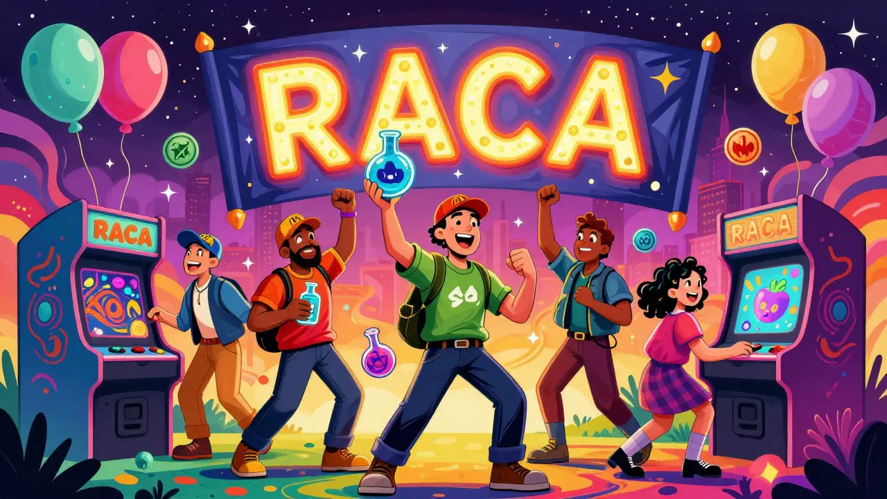 A group of players celebrating with Metamon NFTs and RACA tokens under a glowing banner in a vibrant metaverse.