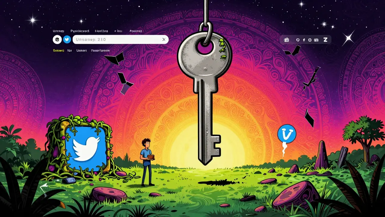 A hollow key hangs above an abandoned digital landscape with dead crypto icons.