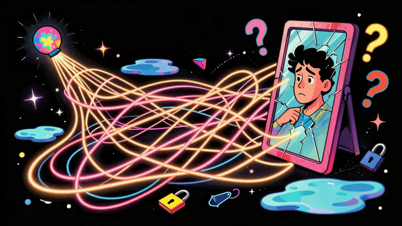 A neon web of smart contracts with no audits, reflecting a worried user in a vibrant 1960s-style illustration.