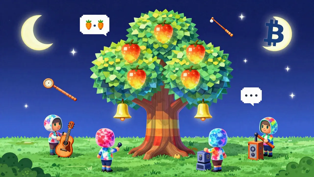 A rainbow blockchain tree with miners and pixel-art Animal Crossing items drifting in the air.