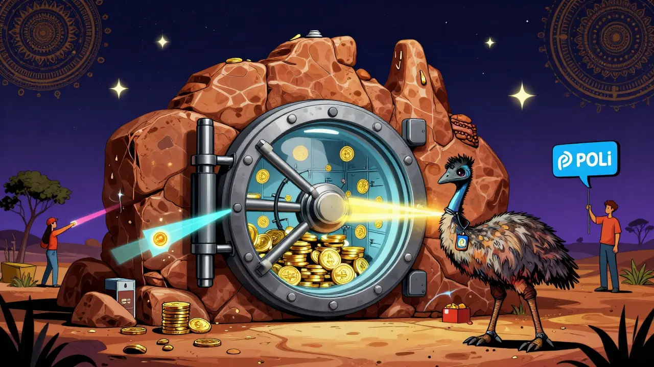 A secure outback-shaped vault guarded by a robotic emu, with crypto deposits flowing in from Australia.
