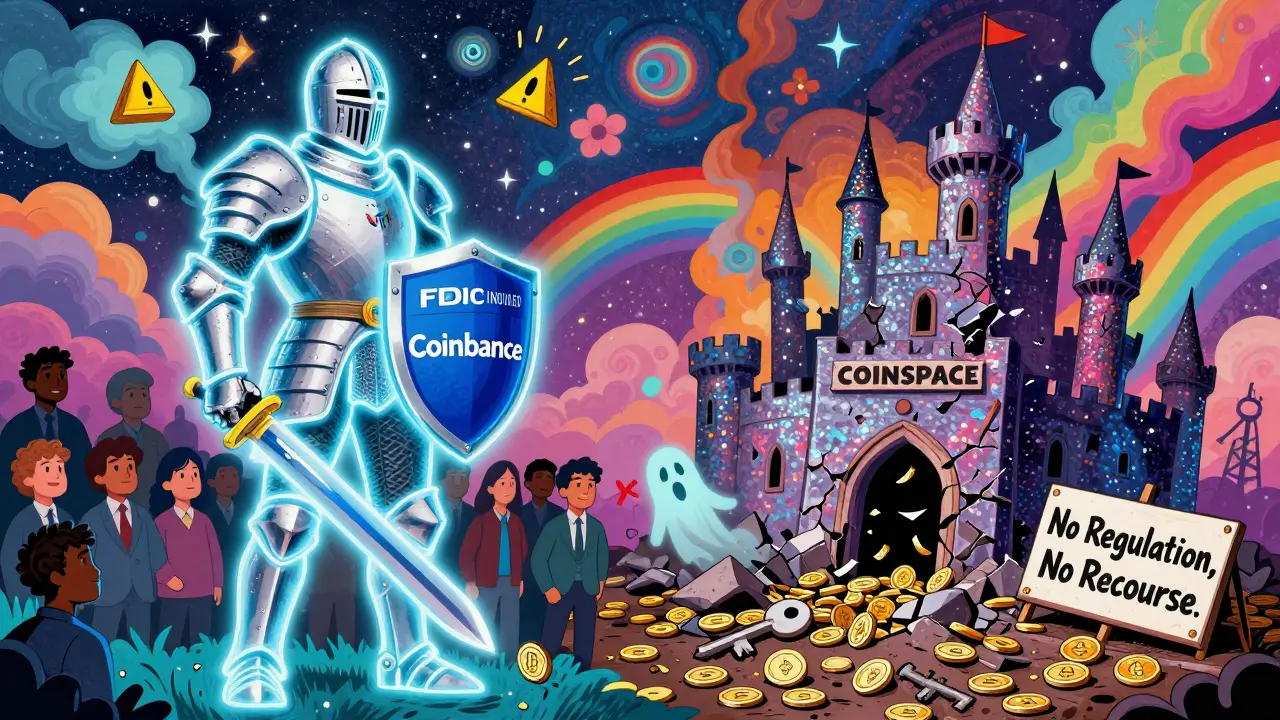 A split scene: a secure exchange knight vs. a collapsing COINSPACE castle in vibrant cosmic colors.