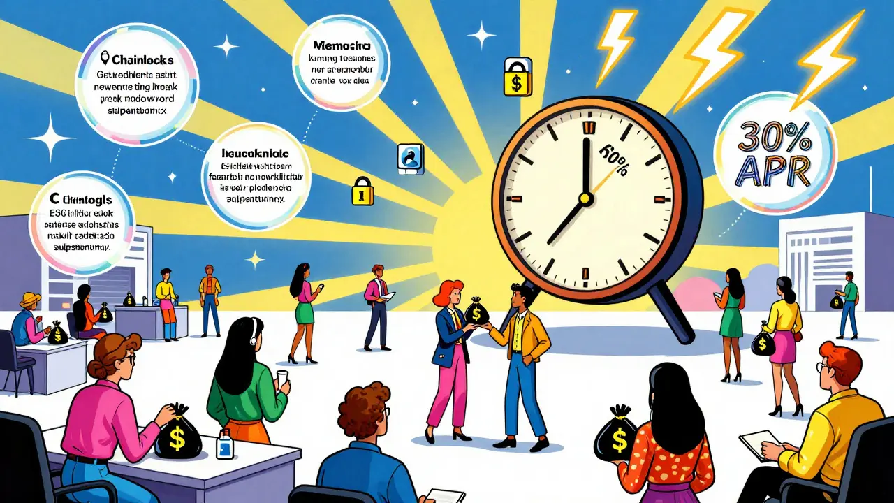 A surreal crypto exchange where assets earn rewards even in limit orders, under a glowing sky.