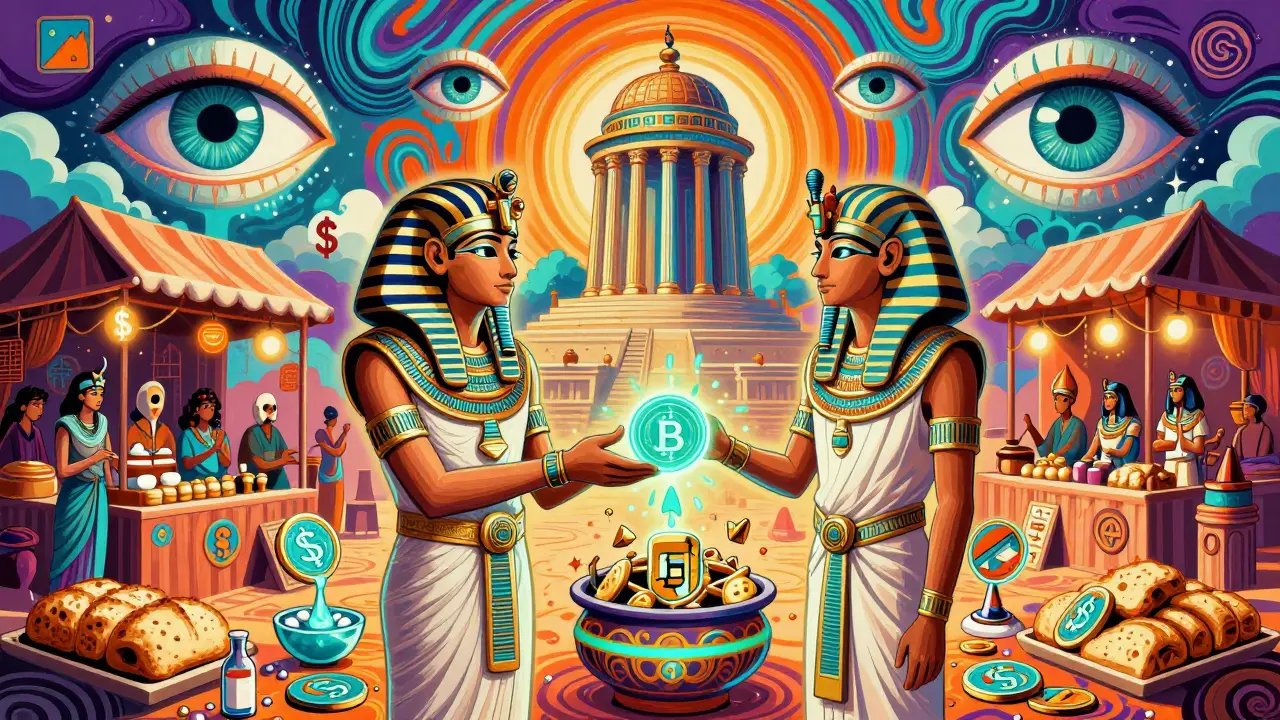 A surreal market where people trade crypto for essentials under watchful eyes of the Central Bank and Islamic symbols.