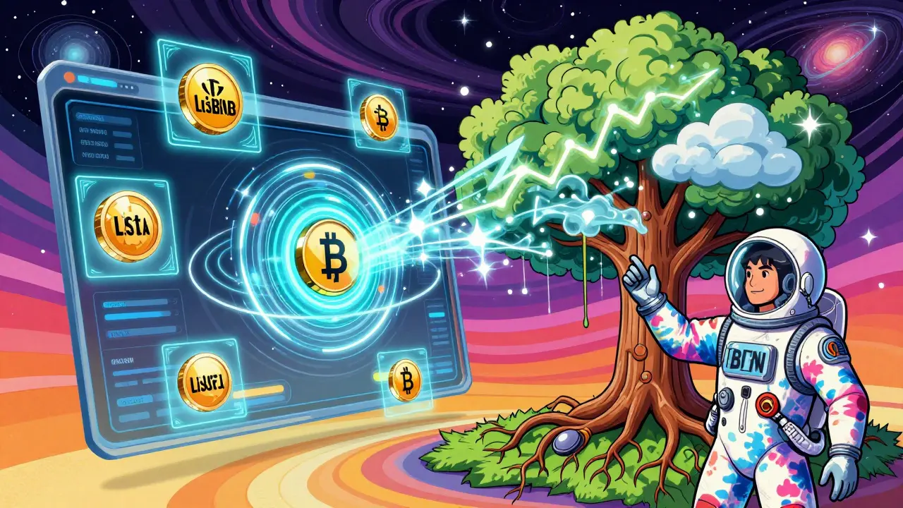 A user in tie-dye space suit staking BNB as holographic tokens orbit a BNB Chain core, surrounded by yield clouds and cosmic patterns.