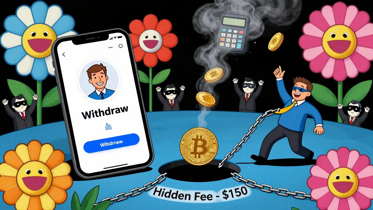 A user withdrawing crypto while hidden fees drain coins into a black hole, surrounded by surreal flowers.