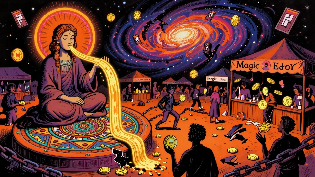 Cardano's steady royalty payments contrasted with chaotic platforms stealing payments in psychedelic style.