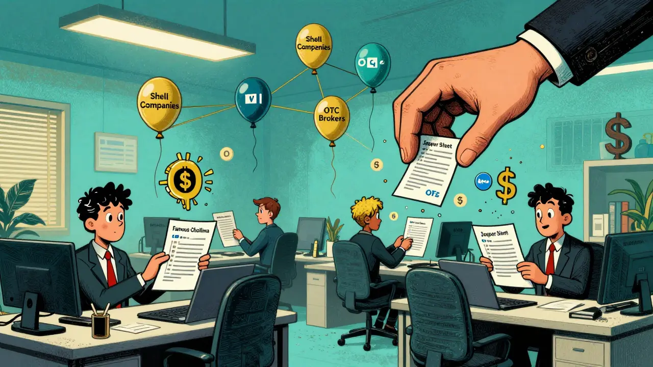 Cartoon HR workers hand out fake resumes as OFAC crushes shell companies in a vibrant, swirling style.