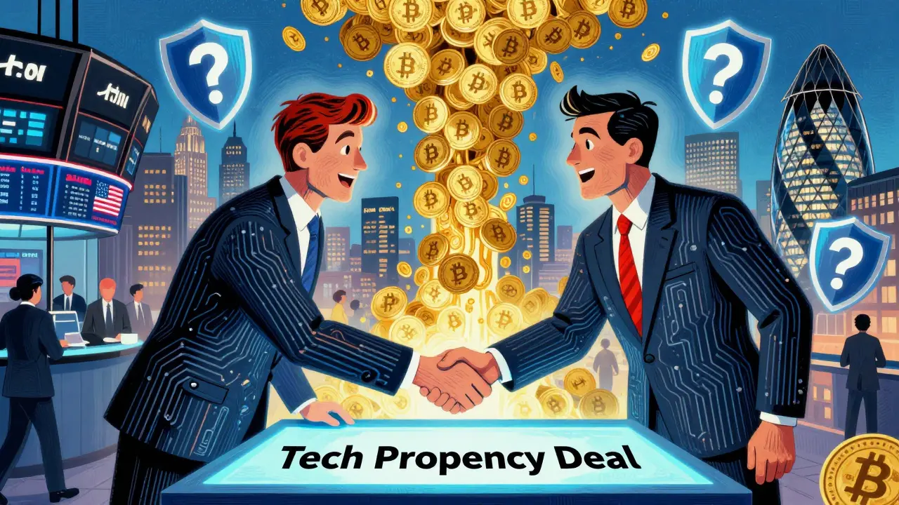 Cartoon U.S. and U.K. figures shaking hands over a table of crypto tokens, with financial skylines merging behind them.