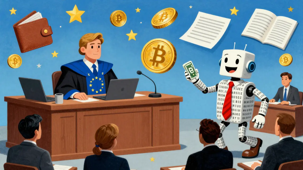 EU judge and U.S. lawyer debating crypto tokens in a surreal courtroom with CBDC robot and floating blockchain stars.