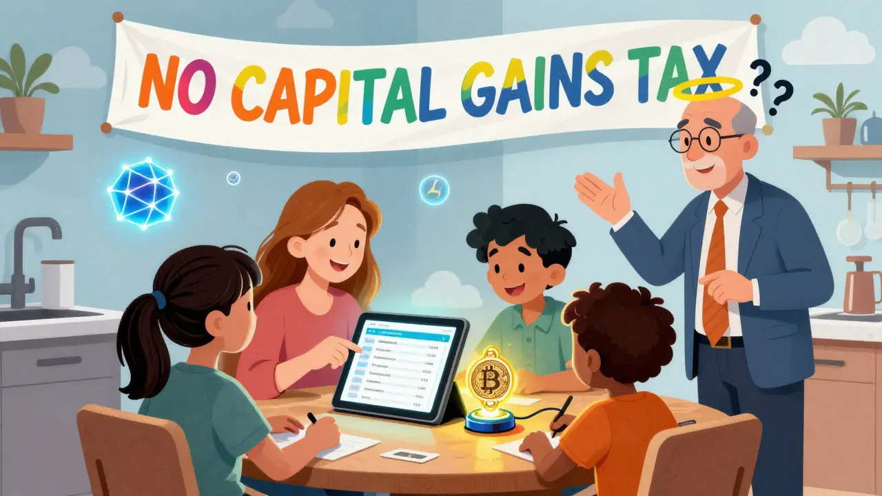 Family reviewing crypto records with hardware wallet and CySEC advisor in rainbow-hued scene.