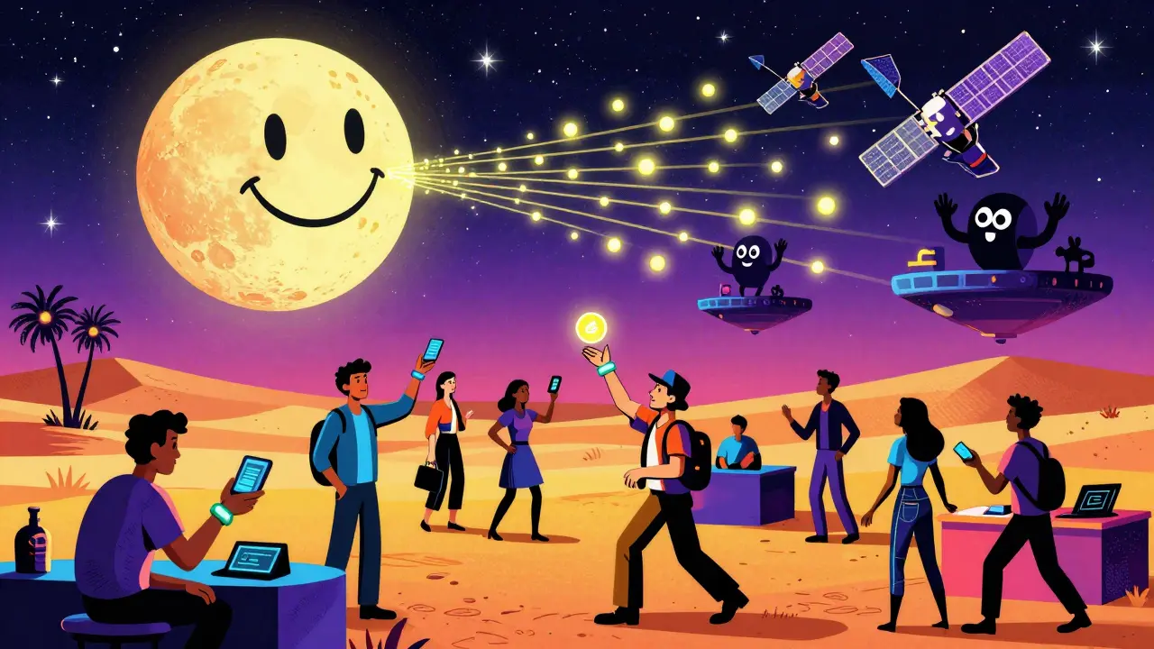 Nighttime crypto marketplace under a starry sky with glowing payments and CARF data streams in Peter Max style.