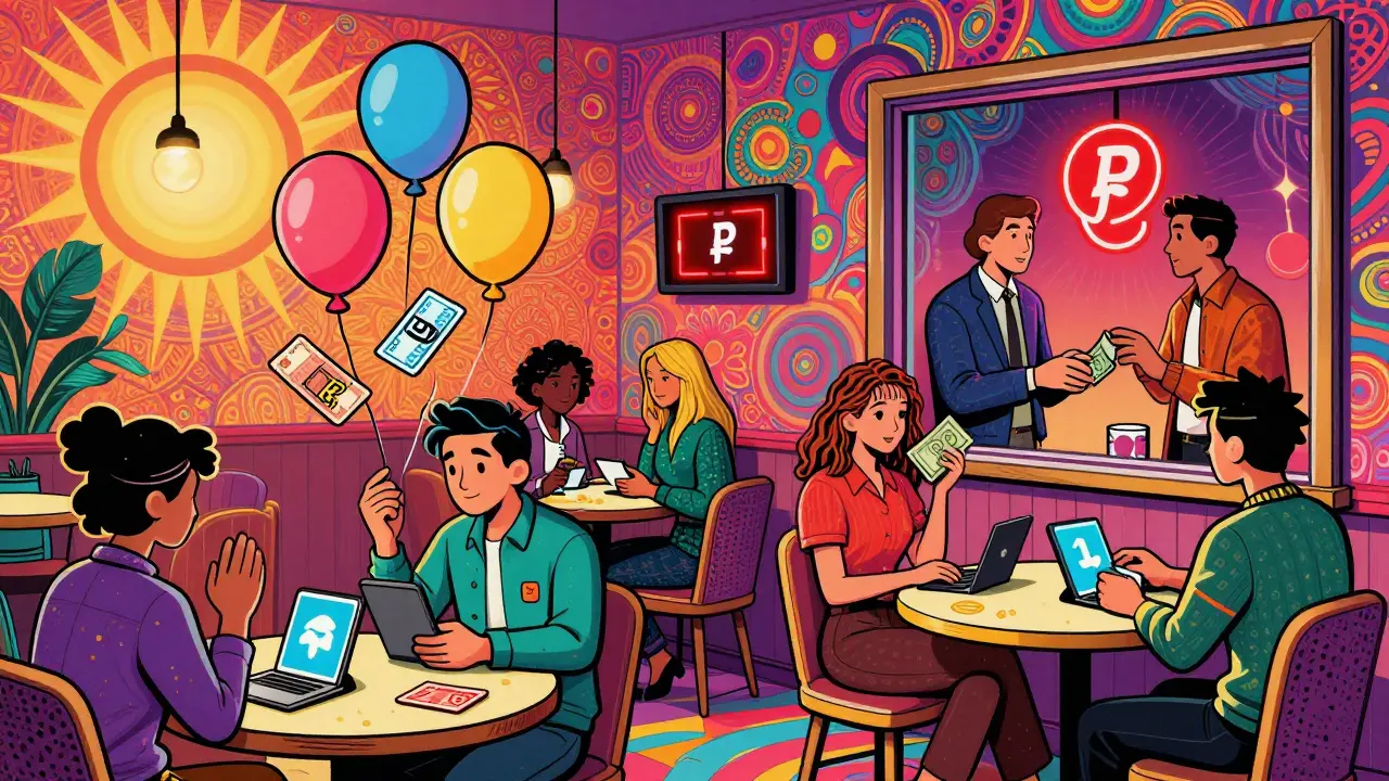 People trading crypto for cash in a colorful café, with gift cards and Telegram bots floating in a psychedelic setting.