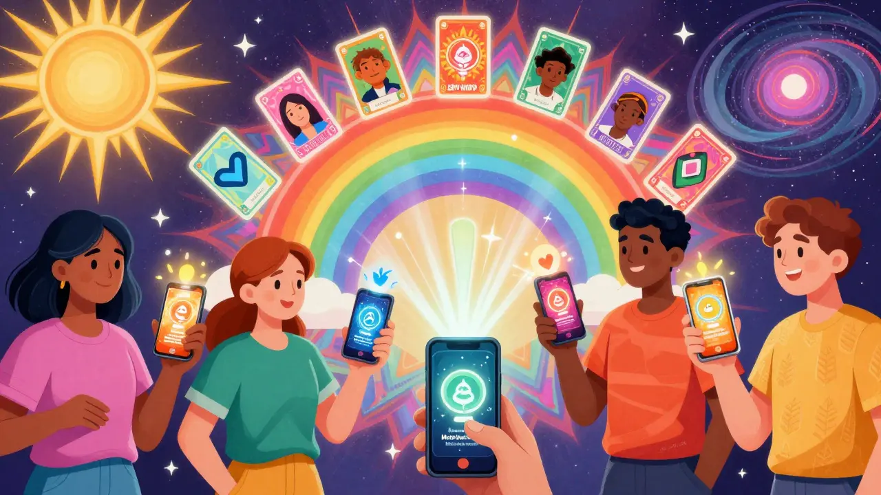 Players holding phones that project holographic NFT cards, connected by a rainbow referral bridge in vibrant cartoon style.