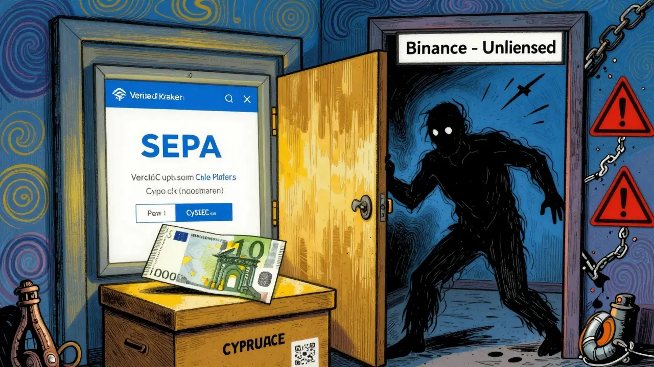 Safe SEPA deposit on licensed exchange vs. blocked unlicensed exchange in psychedelic style.