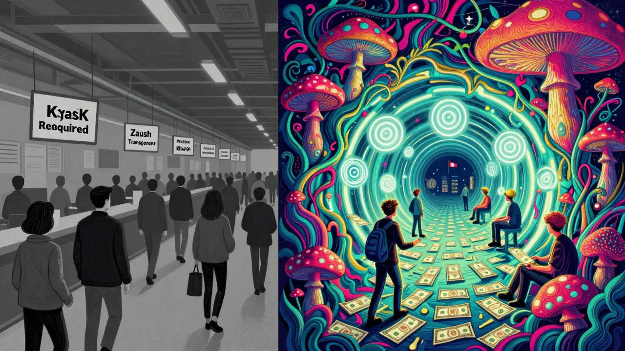 Two contrasting paths: a dull regulated exchange vs. a vibrant underground Monero trading tunnel with psychedelic elements.