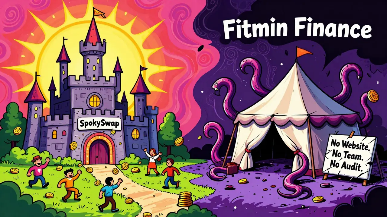 A colorful DeFi landscape contrasting a thriving castle with a crumbling tent labeled 'Fitmin Finance' under swirling neon patterns.