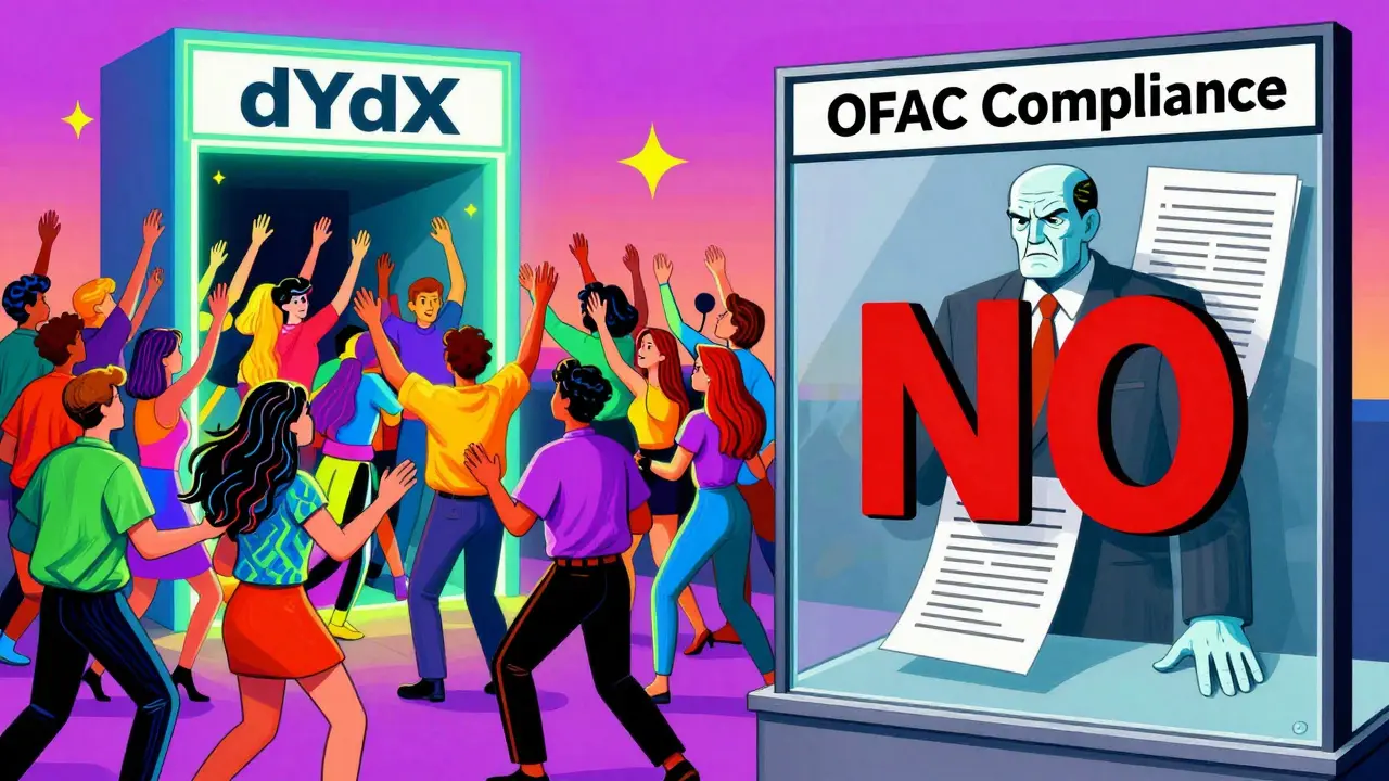 A colorful split scene showing users blocked by a lawyer made of legal documents in vibrant Peter Max style.