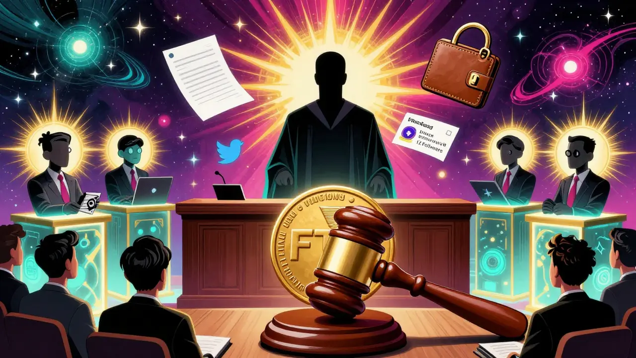 A cosmic courtroom with a FTM gavel judging a shadowy 'Fitmin Finance' figure, surrounded by evidence and glowing real DeFi projects.