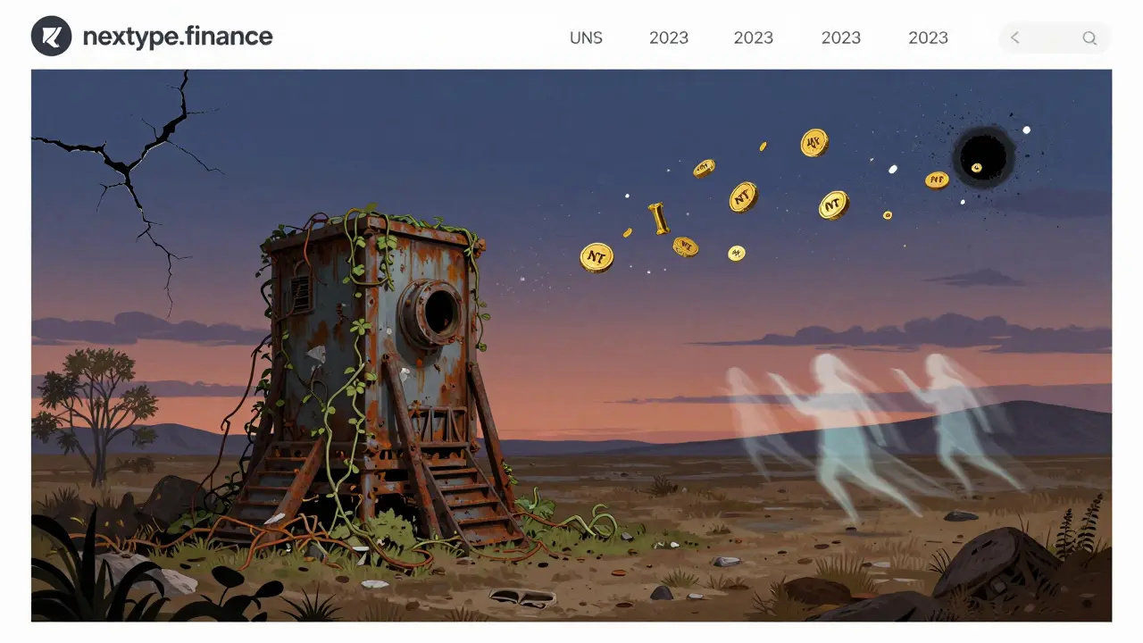 A deserted digital landscape with a crumbling website and rusting mining rig under a fading sky.