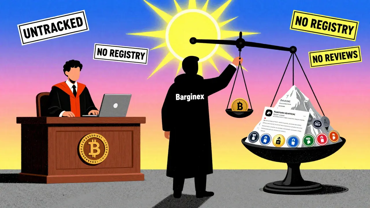 A faceless figure stands trial before a judge made of crypto symbols, with empty scales versus a mountain of trust badges.