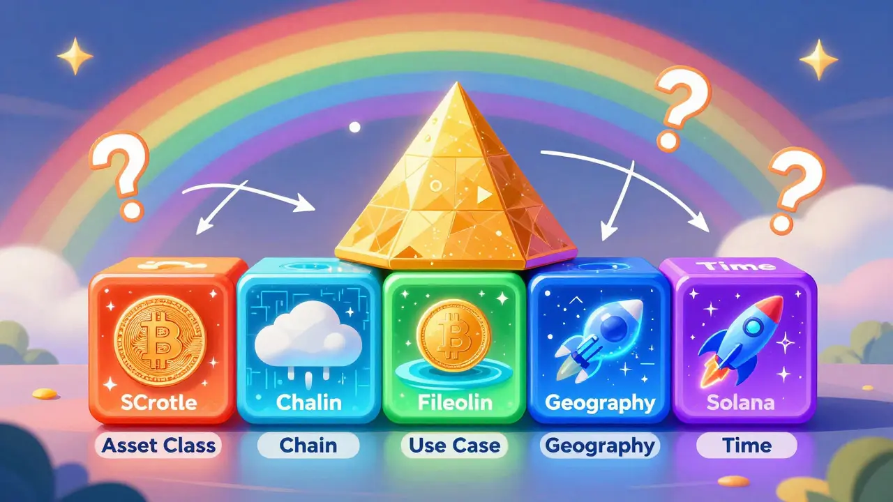 A house built from five colorful blocks representing key diversification layers in blockchain investing.