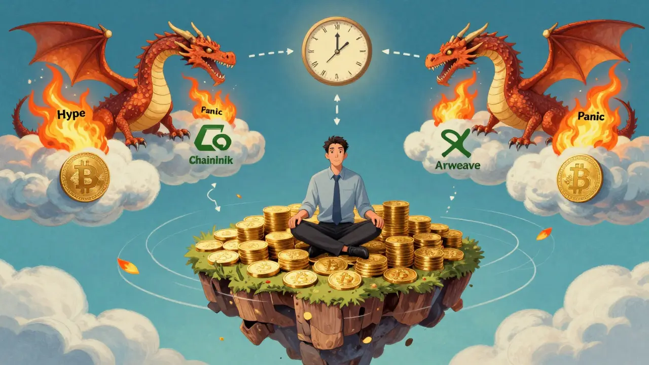 A serene investor surrounded by utility tokens and real-world assets, while hype and panic fade away in the distance.