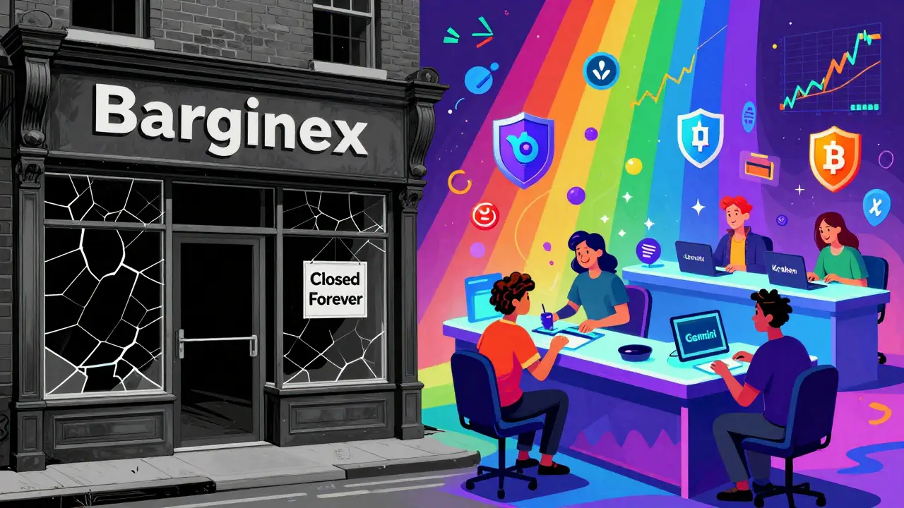 A shadowy empty storefront contrasts with a vibrant, bustling crypto hub filled with verified exchange logos.
