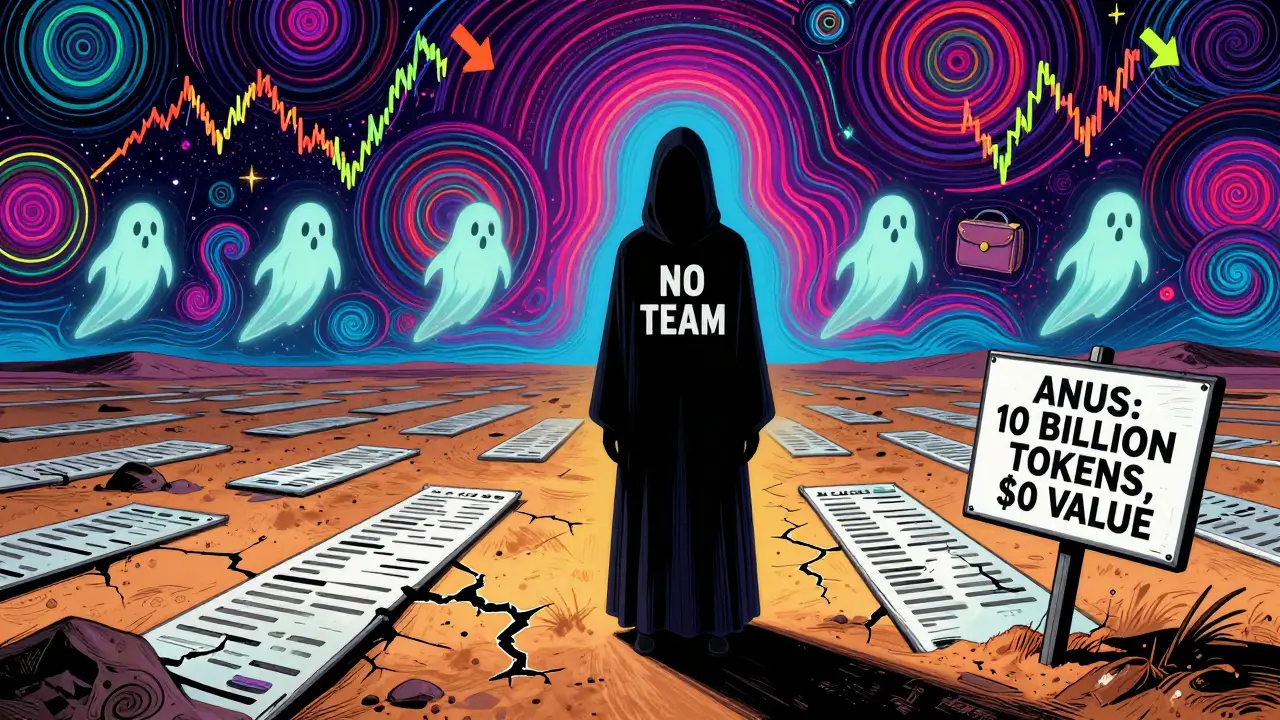 A shadowy figure in a hood stands in a barren digital desert beside a sign reading '10 BILLION TOKENS, <h2>Is Uranus (ANUS) safe to invest in?</h2> VALUE', with ghostly wallets drifting away.