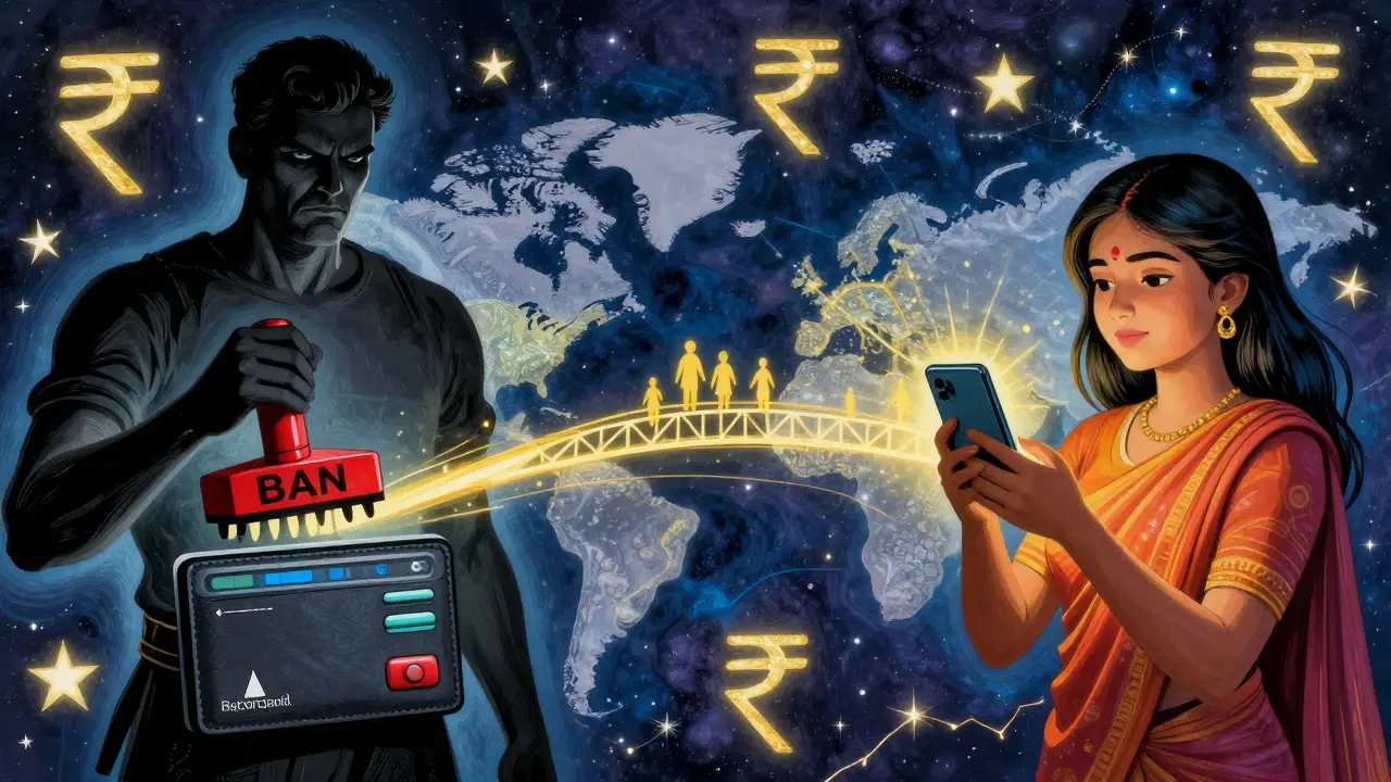 A stark contrast between a bank banning crypto and a woman linking families with a bridge of light, symbolizing hope and remittance.