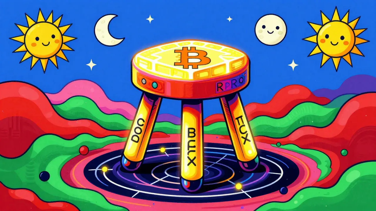 A three-legged stool made of Bitcoin blocks labeled DOC, BPRO, and BTCX, balancing above a swirling network vortex.
