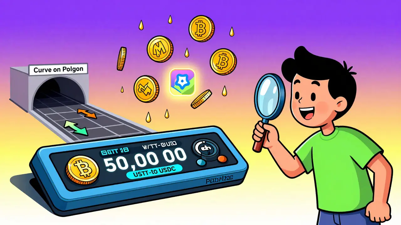 A user observing a smooth USDT-to-USDC swap on Curve's Polygon dashboard with MATIC coins falling and tokens dancing nearby.