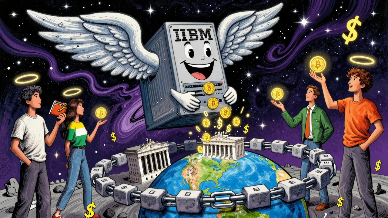A winged IBM mainframe drops IBMon tokens to global investors under a glowing Ethereum chain.