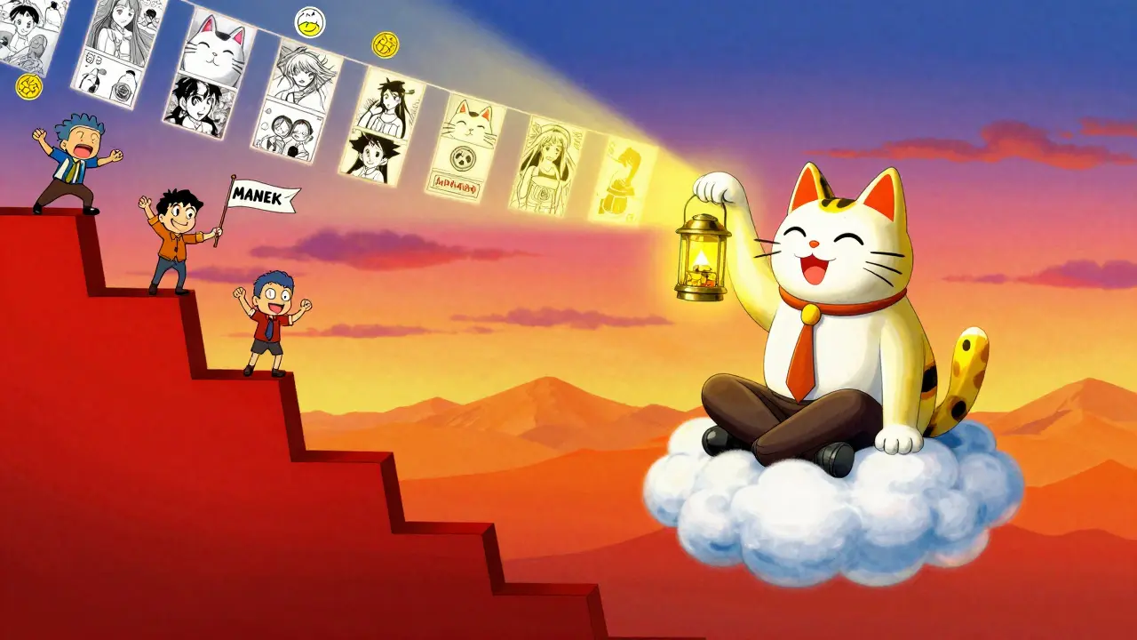 An investor on a cloud with a MANEKI cat holding a lantern, lighting a path of community art and anime.