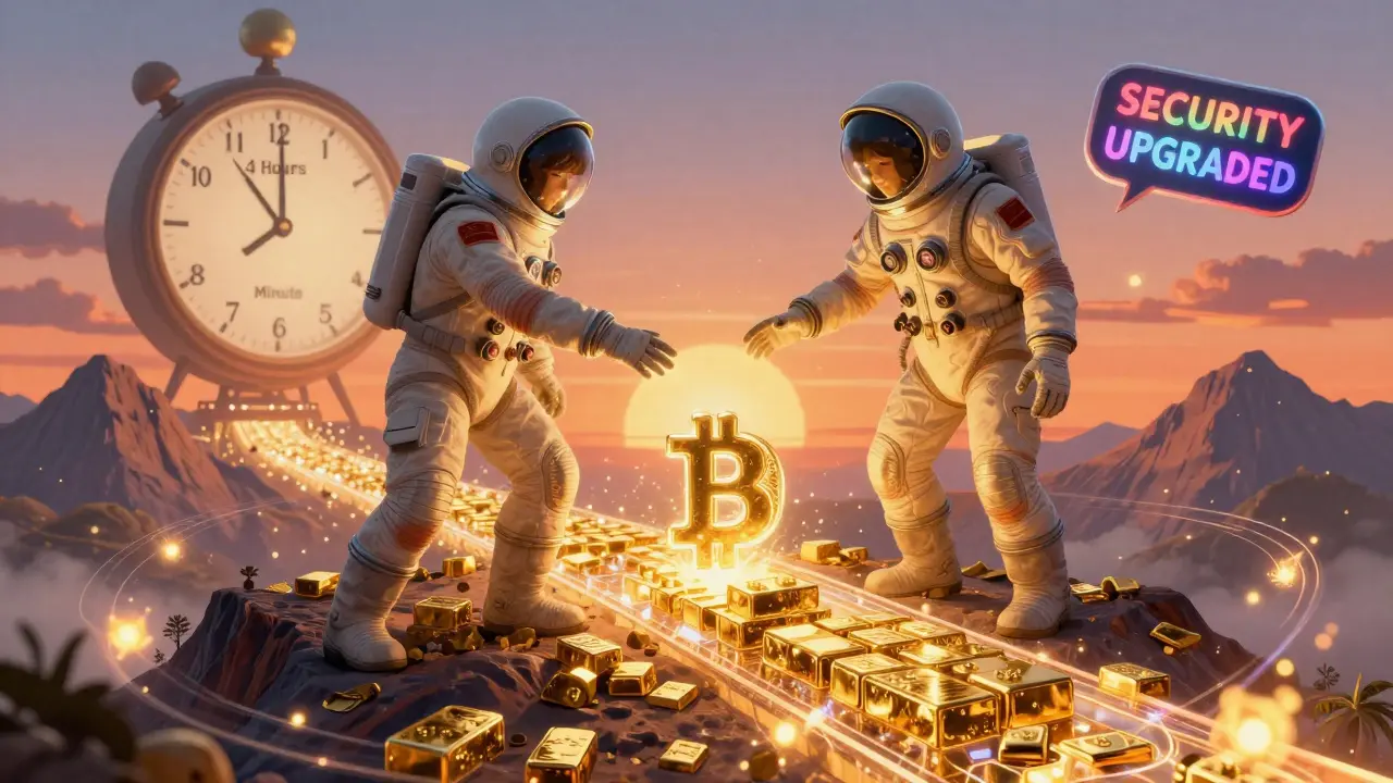 Bitcoin miners extend energy hands to validate a glowing sidechain, with a clock ticking from hours to minutes in a cosmic scene.
