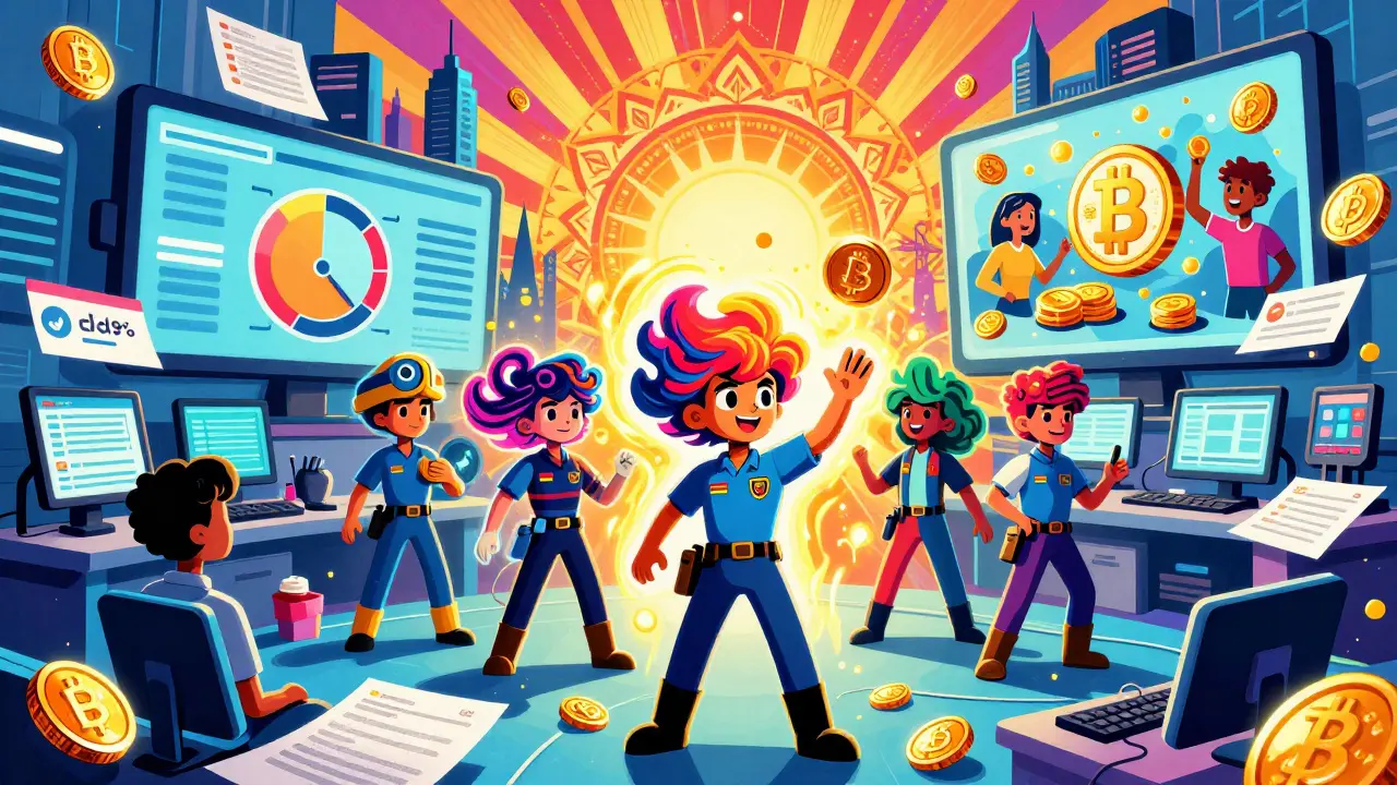 Colorful agents in the Philippines auditing floating crypto transactions, with citizens receiving Bitcoin and a 98% compliance meter glowing.