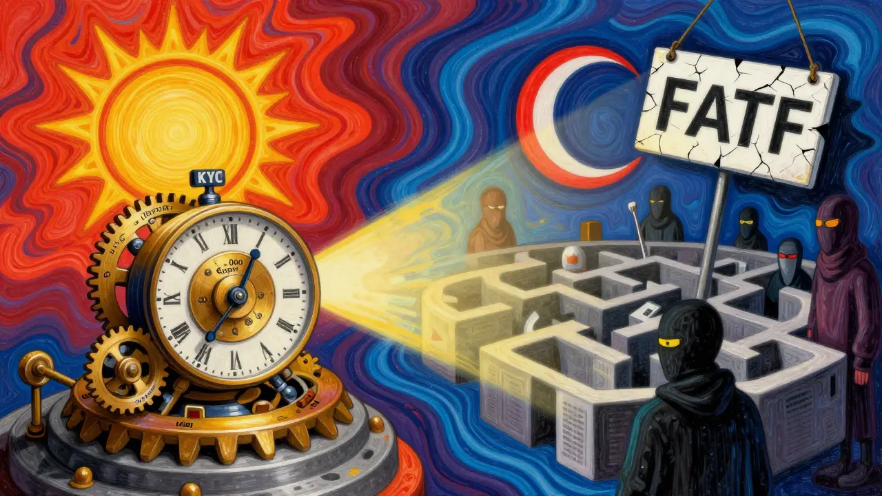Croatia’s precise clockwork reform system versus Turkey’s shadowy maze, with light shining from successful nations, all in psychedelic Peter Max style.