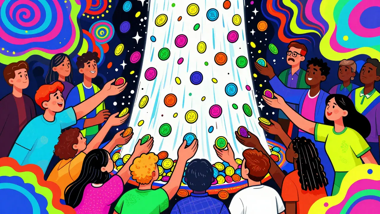 Crowd receiving NYM tokens in colorful rain