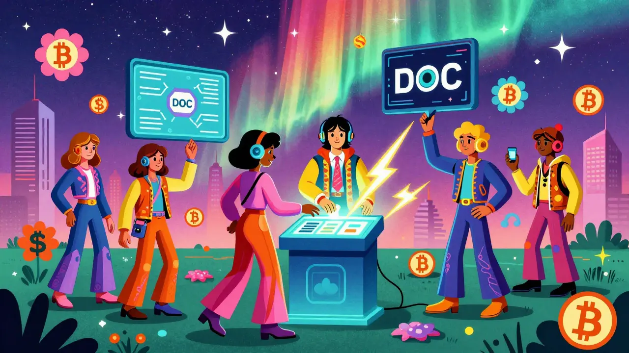 Diverse Bitcoiners interacting with DOC tokens and Lightning Network bolts in a psychedelic blockchain cityscape.