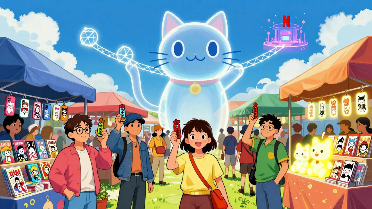 Diverse people shopping for MANEKI merch in a vibrant marketplace under a giant smiling cat in the sky.