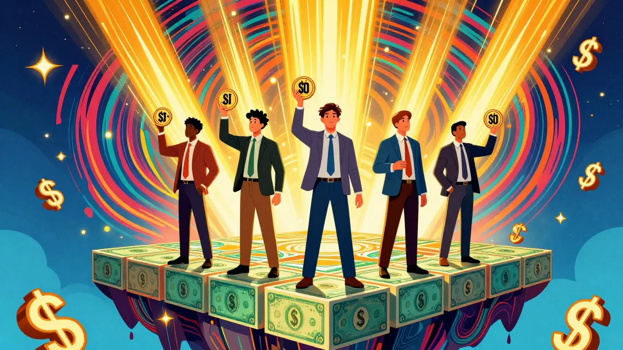 Diverse users standing on a blockchain platform bathed in golden light from Treasury Bills.