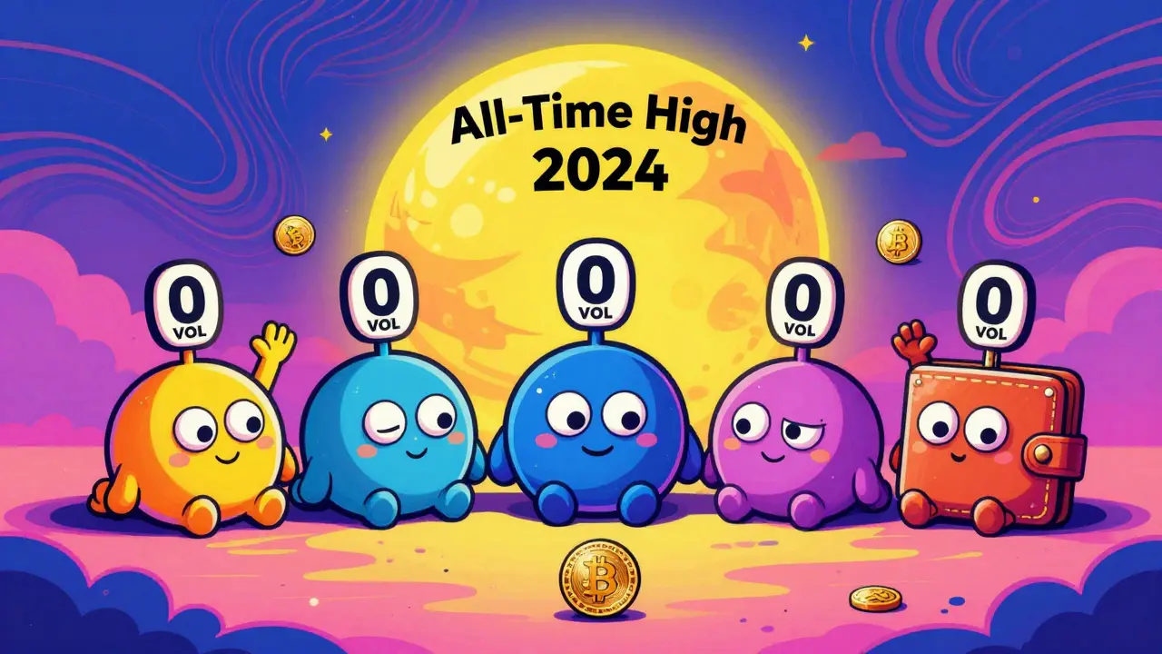 Five cartoon exchanges, three asleep with zero volume signs, two waving tiny ANUS tokens under a fading sun labeled 'All-Time High 2024'.